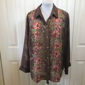 J H Collectibles Brown Floral Paneled Blouse sz 1X